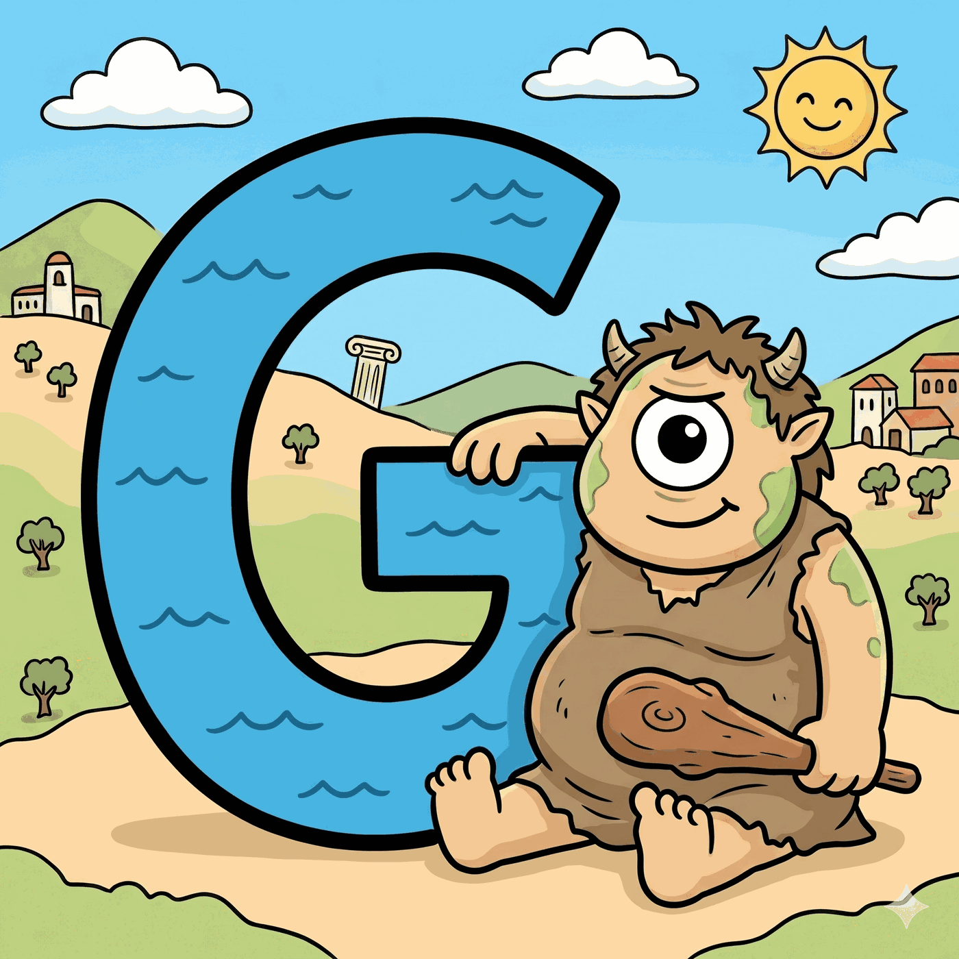 La letra G grande junto a un cíclope, un gigante de un solo ojo