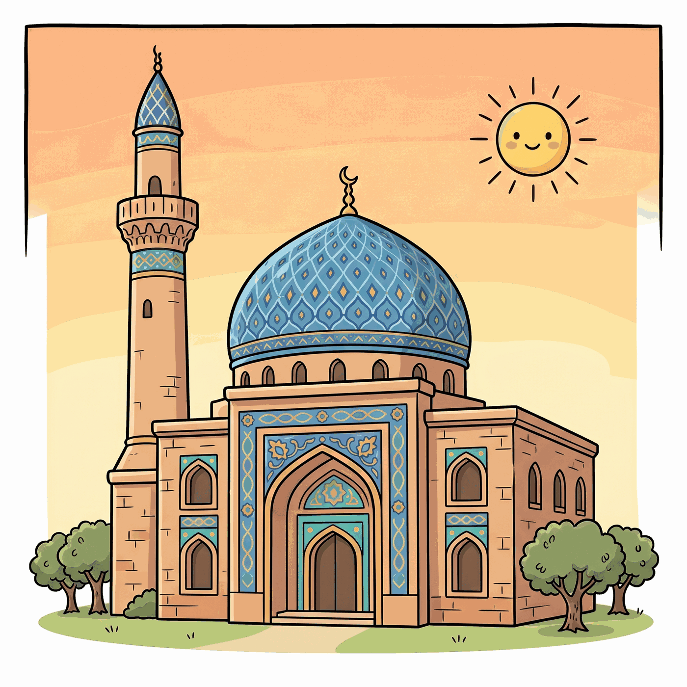 Una mezquita con una gran cúpula azul y un alto minarete