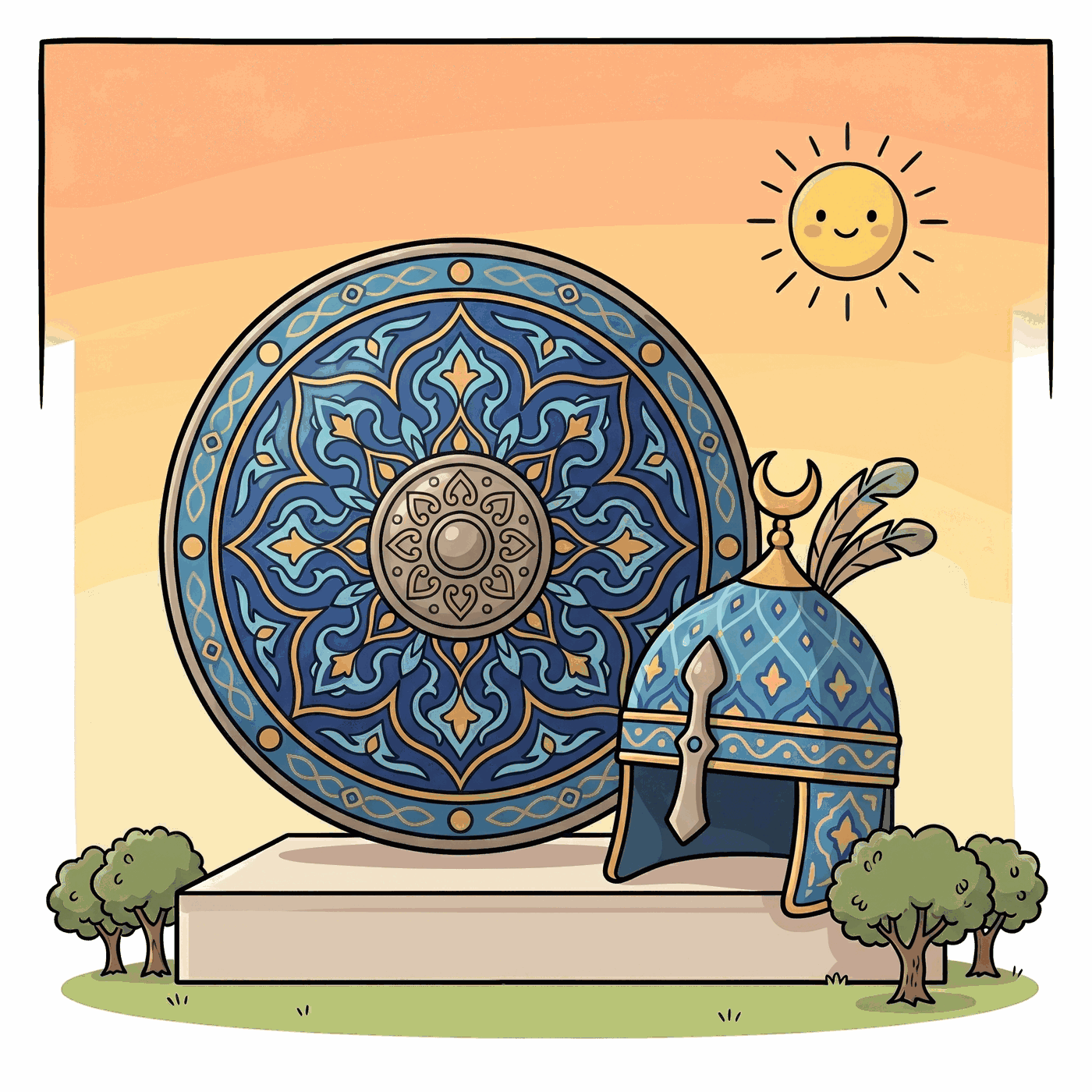 Un escudo y un casco otomanos decorativos, como piezas de museo