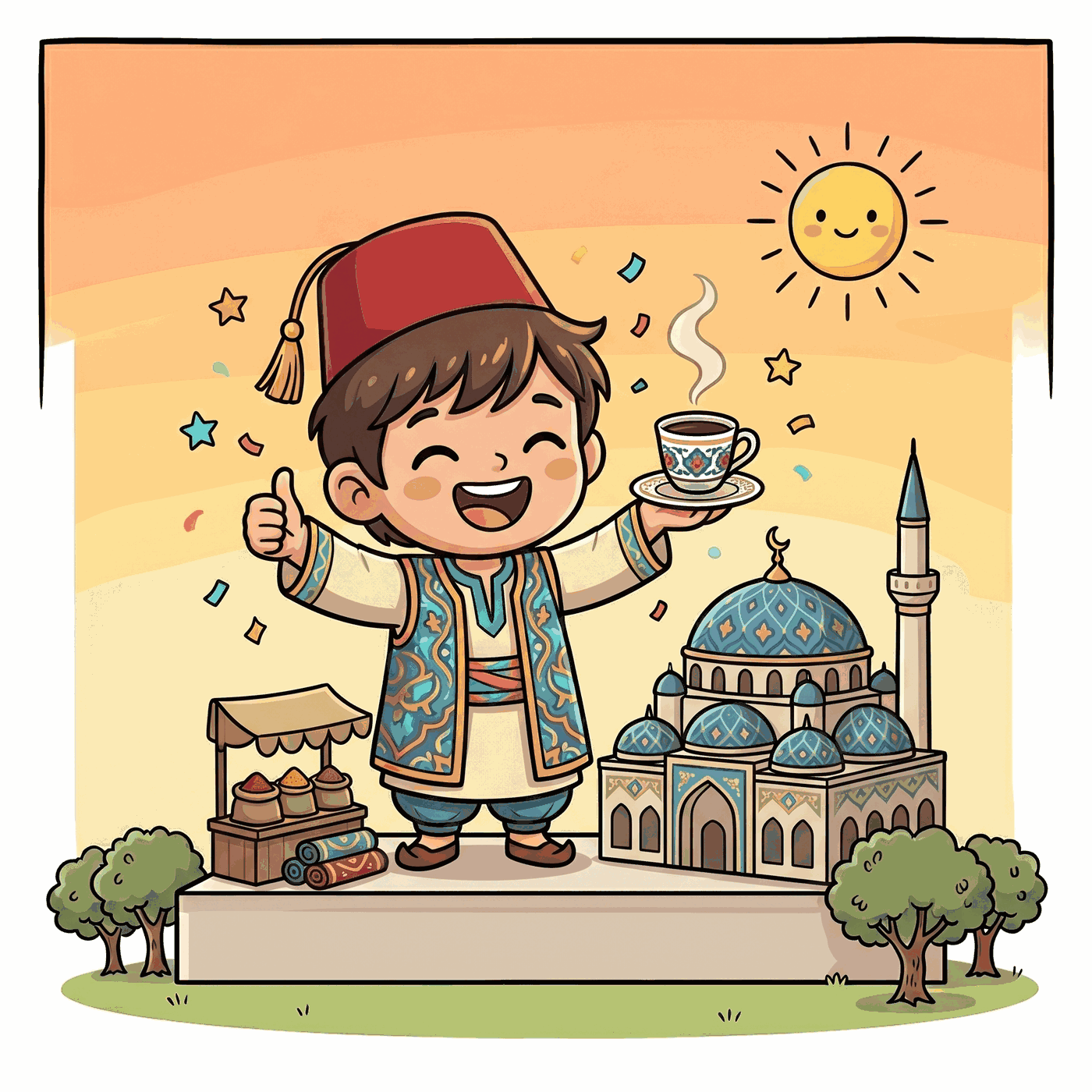 Niño con gorro fez y chaleco otomano celebrando con los pulgares hacia arriba y una tacita de café, con una mezquita y un puesto de mercado al fondo