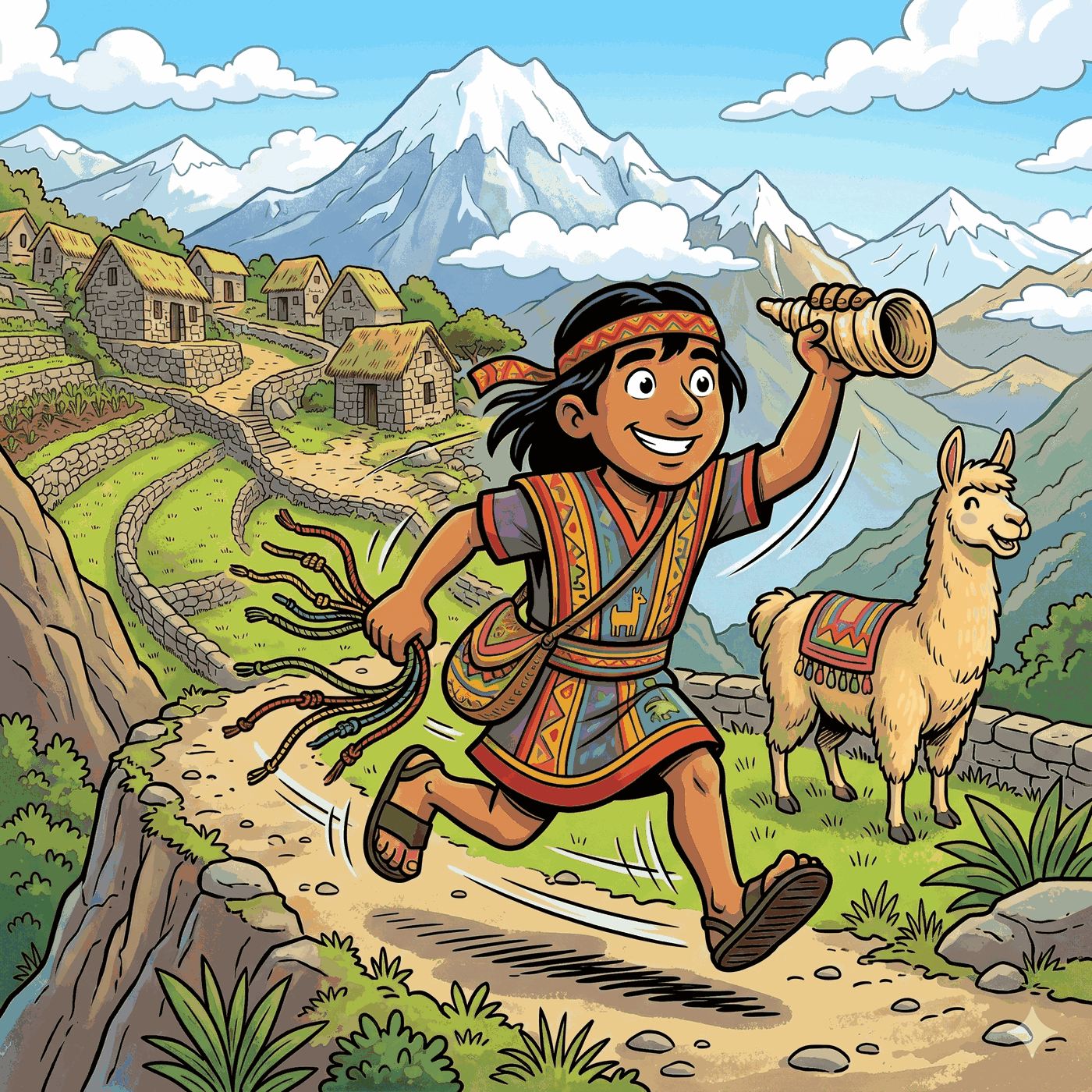 Chasqui inca corriendo por la montaña con un quipu y una trompeta de caracola