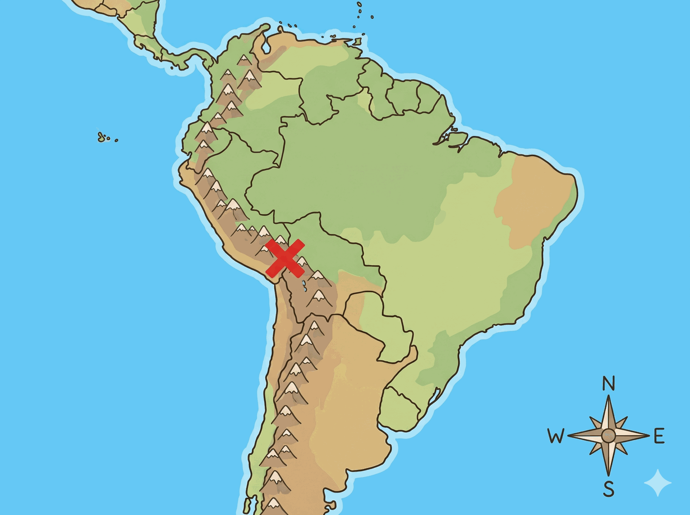 Mapa de Sudamérica con la cordillera de los Andes marcada con una X y la rosa de los vientos