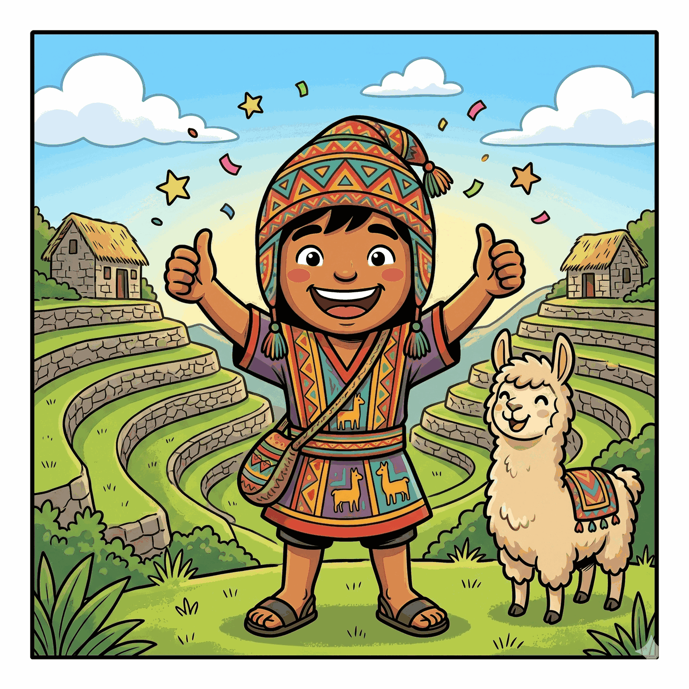 Niño inca con gorro chullo celebrando con los pulgares hacia arriba junto a una llama
