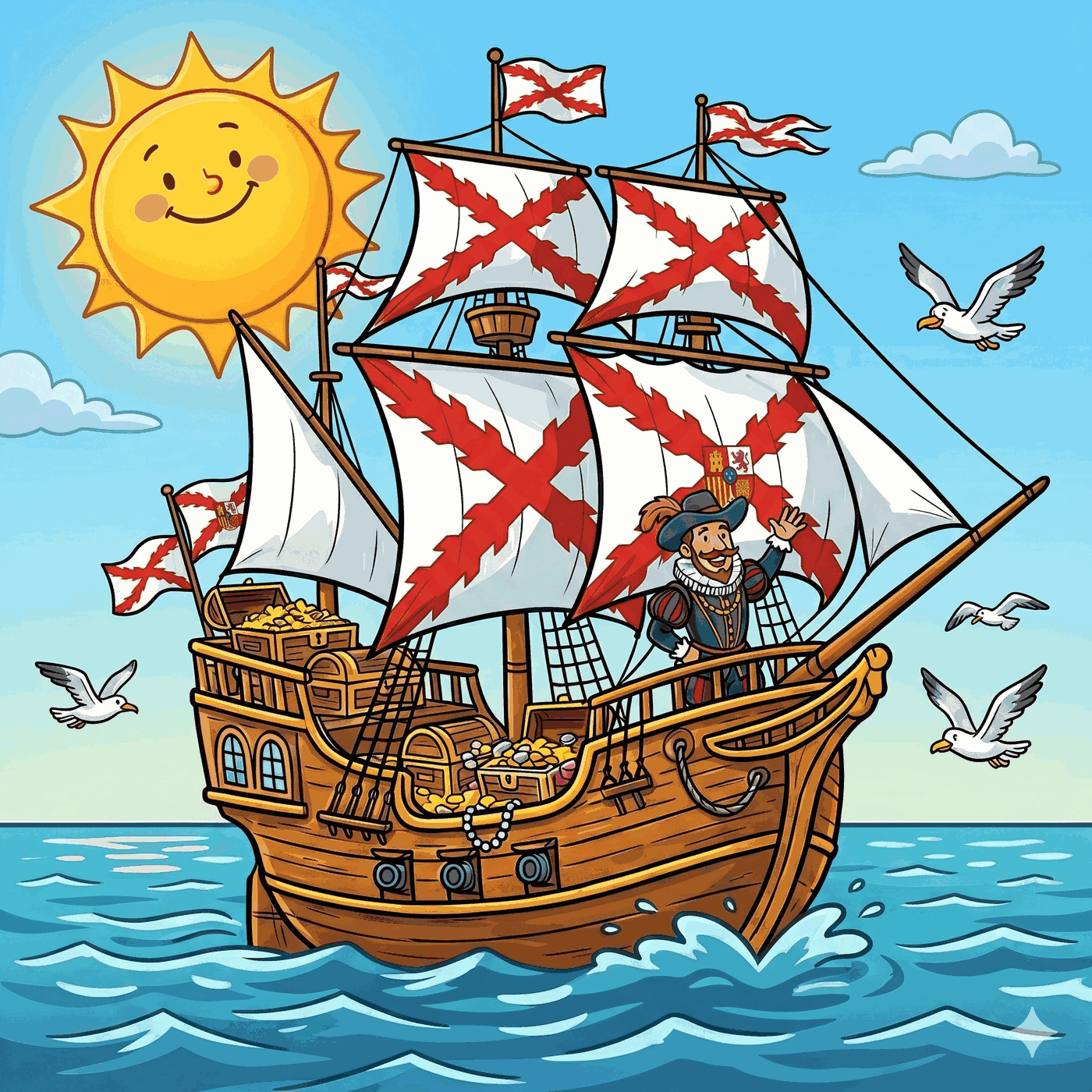 Galeón español cargado de cofres de plata cruzando el océano, con un marinero saludando desde la cubierta