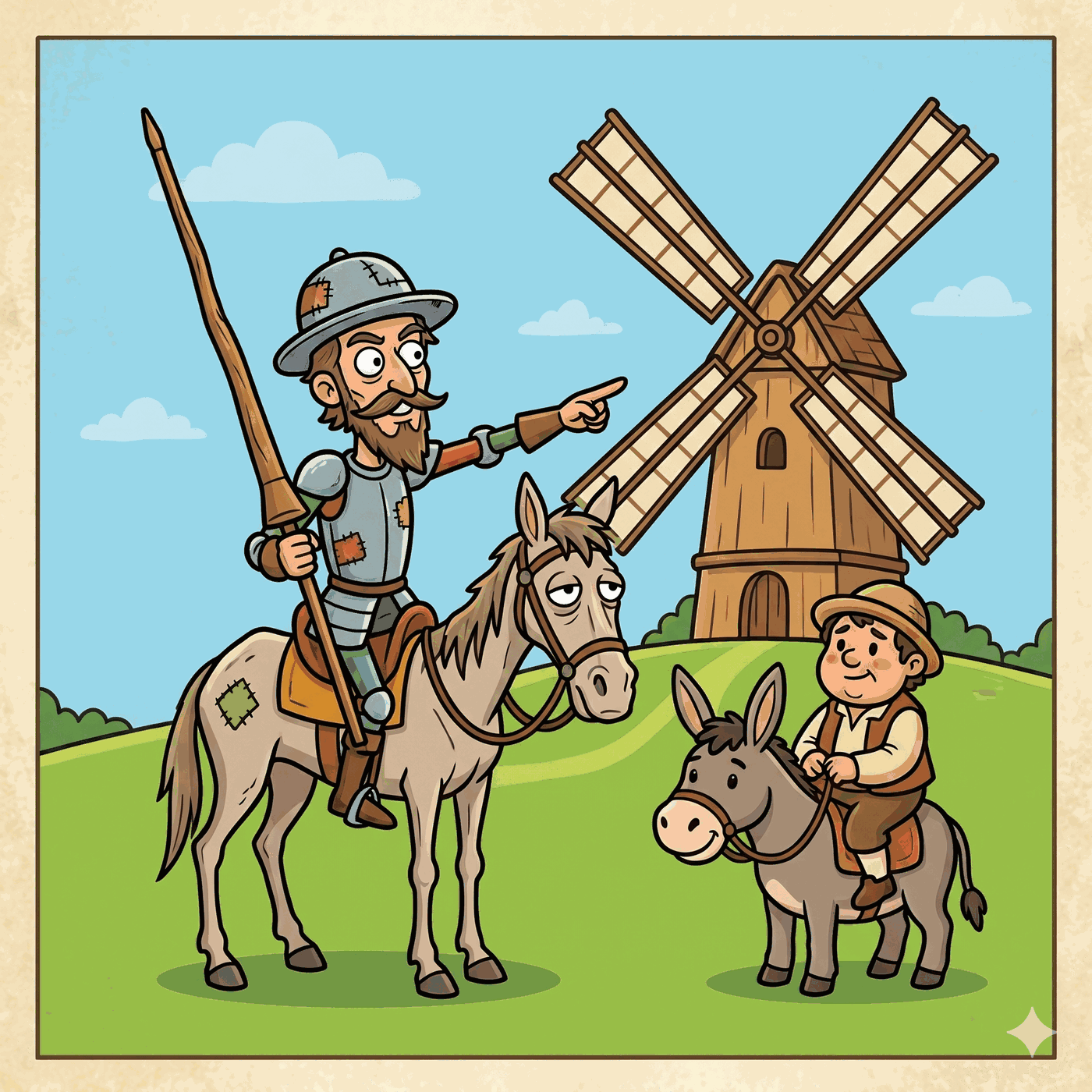 Don Quijote a caballo frente a un molino de viento