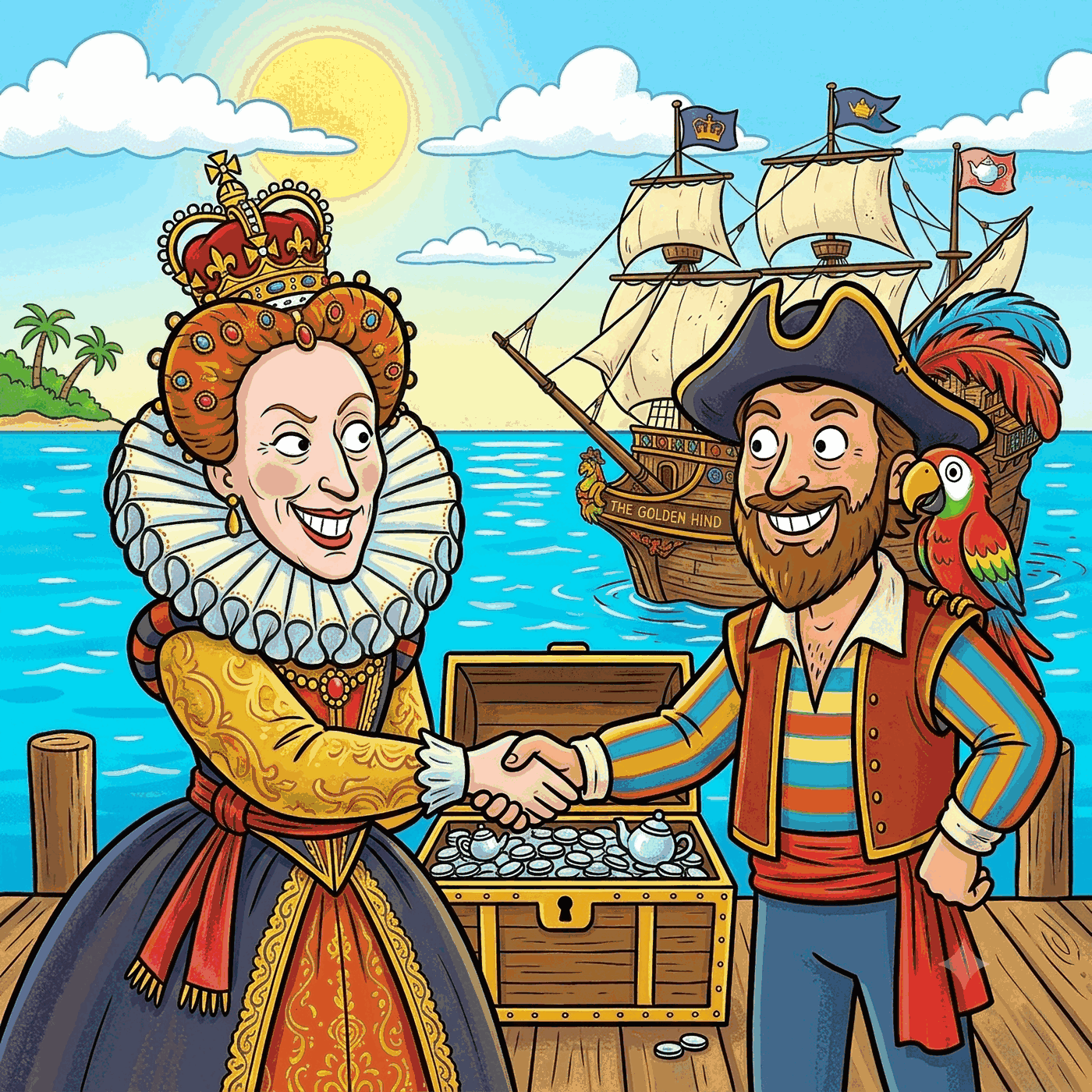 La reina Isabel I y el corsario Francis Drake dándose la mano sobre un cofre abierto lleno de monedas de plata, con un barco velero en el mar al fondo