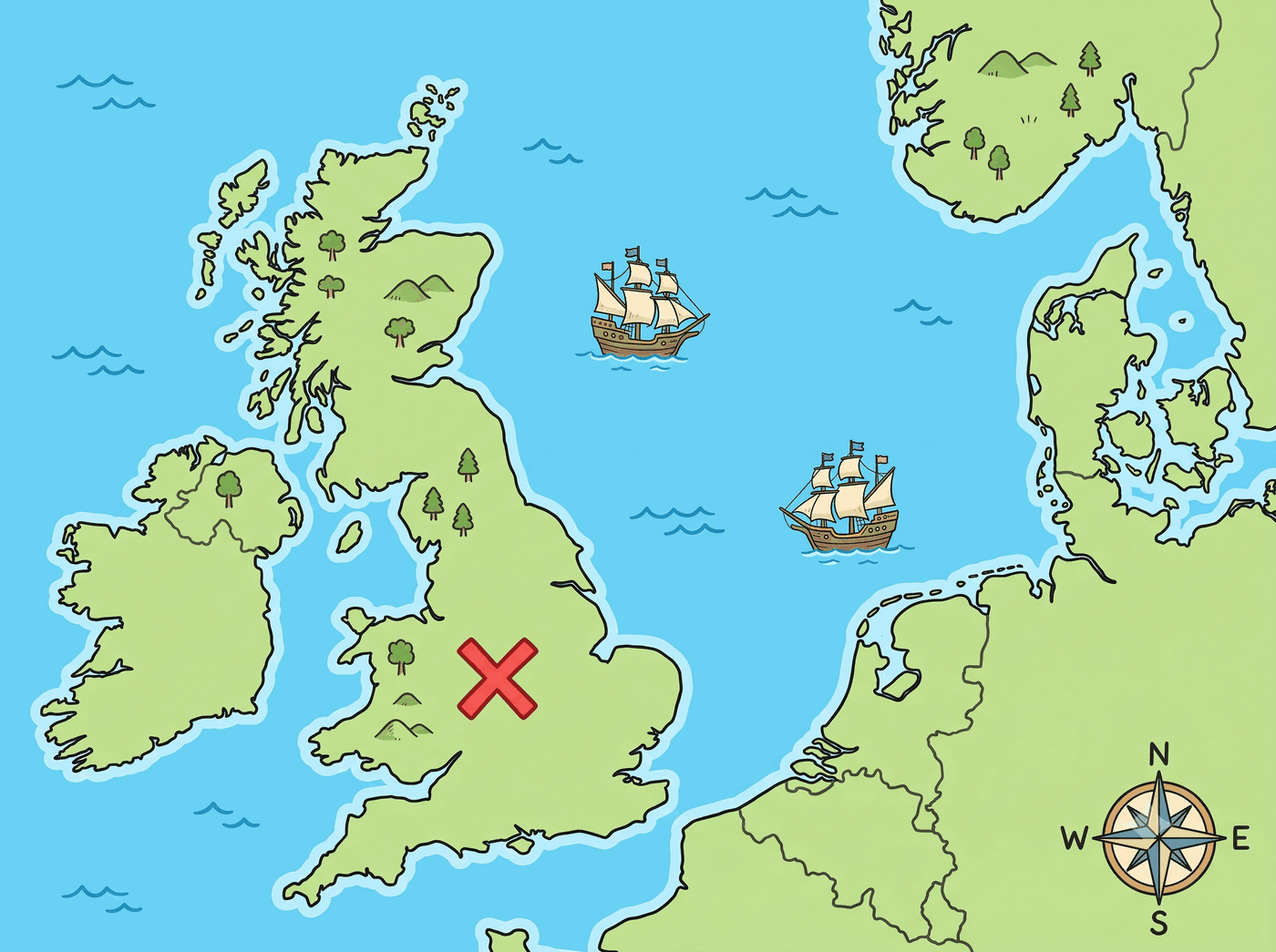 Mapa de la isla de Gran Bretaña con una X, el mar que la separa del continente europeo y la rosa de los vientos