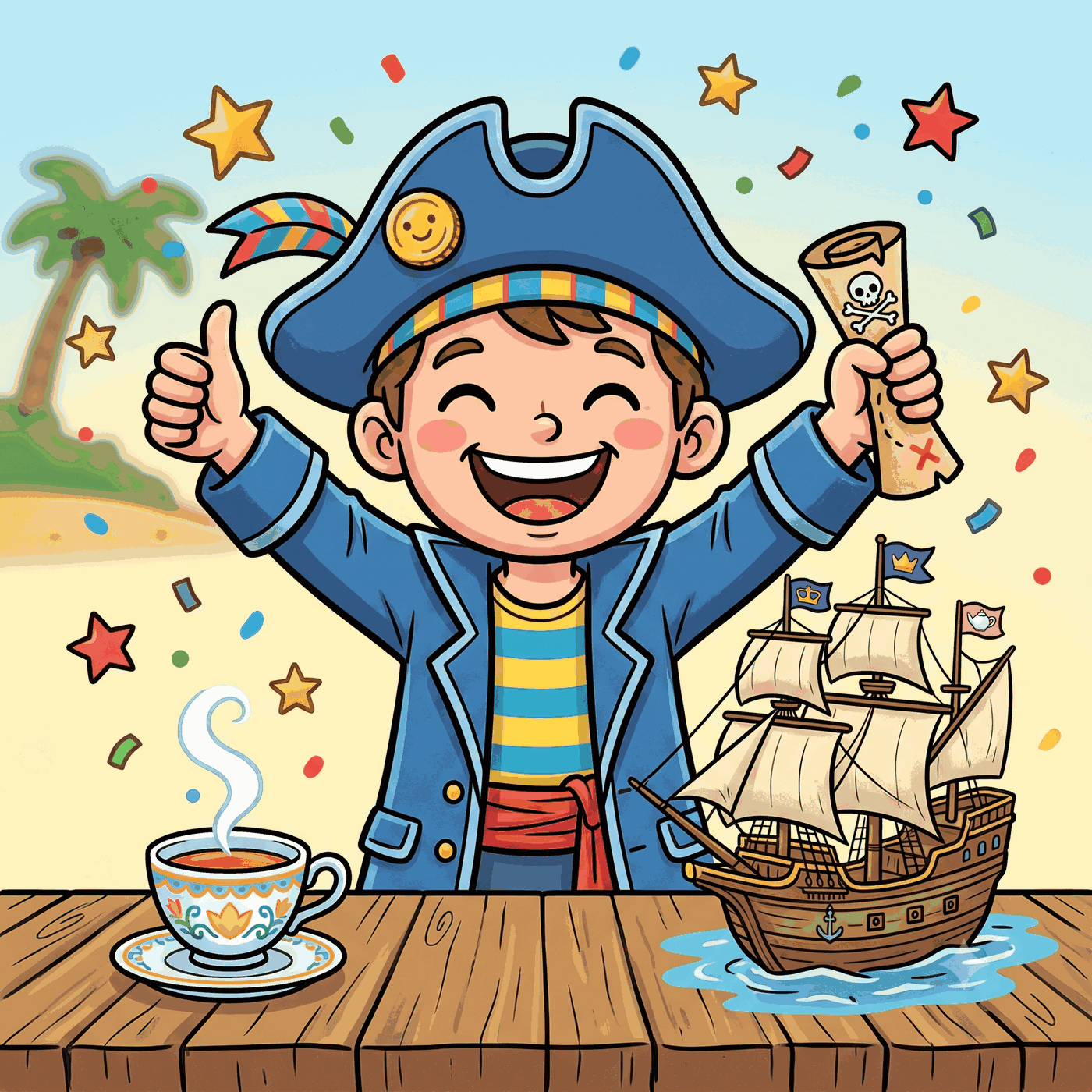 Niño vestido de pirata con sombrero tricornio celebrando con los pulgares arriba, con un barco velero y una taza de té al fondo